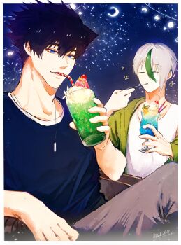 Rule 34 | 2boys, absurdres, black hair, black shirt, blue eyes, blue lock, border, commentary, crescent moon, cup, drinking straw, eating, green shirt, green streaks, highres, holding, holding cup, holding spoon, jewelry, karasu tabito, looking at viewer, male focus, moon, multiple boys, necklace, night, otoya eita, red 0217, shirt, short hair, sitting, sky, spoon, twitter username, untranslatable commentary, white border, white hair, white shirt