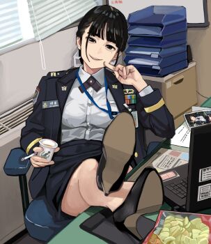 Rule 34 | 1girl, aegyo sal, black hair, black shoes, blue jacket, blue skirt, blunt ends, breasts, cabinet, chair, chips (food), cigarette, cross tie, crossed legs, cup, disposable coffee cup, disposable cup, fanged bangs, file cabinet, file tray, finger to cheek, food, head tilt, high heels, highres, holding, holding cigarette, holding cup, id card, jacket, japan ground self-defense force, japan self-defense force, lanyard, legs on table, looking at viewer, medium breasts, military, military dress uniform, military uniform, mole, mole under eye, office, original, parted lips, pumps, ribbon bar, shoe soles, shoes, sitting, skirt, smile, snack, solo, swivel chair, wani (perfect han), window blinds