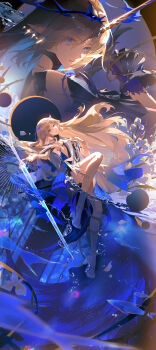 2girls absurdres black_dress blonde_hair blue_eyes breasts cartethyia_(wuthering_waves) chinese_commentary commentary_request crown_of_thorns dress dual_persona earrings fleurdelys_(wuthering_waves) floating_earrings full_body highres horns jewelry long_hair long_horns looking_at_viewer medium_breasts multiple_earrings multiple_girls parted_lips single_horn sword tabard weapon white_tabard wide_shot wuthering_waves yellow_horns yuyumu