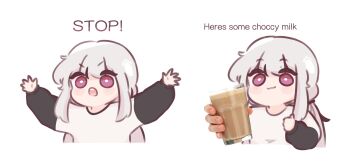 1girl arms_up artist_self-insert black_hair blush_stickers chibi chocolate_milk chonkyorca closed_mouth cup drinking_glass english_text grey_hair here_some_choccy_milk_(meme) highres holding holding_cup long_hair long_sleeves looking_at_viewer meme multicolored_hair multiple_views open_mouth orca_(chonkyorca) original photo_inset puffy_long_sleeves puffy_sleeves purple_eyes shirt simple_background smile streaked_hair teeth thumbs_up upper_body upper_teeth_only very_long_hair white_background white_shirt