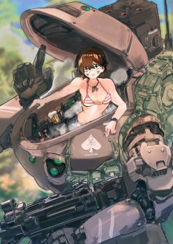 1girl alcohol beer beer_mug bra brown_eyes brown_hair cigarette closed_mouth commentary cruncle02 cup english_commentary facepaint glasses highres holding holding_cigarette jungle leaning_to_the_side looking_at_viewer mecha missile_pod mug nature no_shirt open_cockpit original outdoors pants robot short_hair smile solo steaming_body striped_bra striped_clothes tareme underwear watch wristwatch