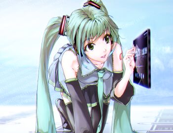 1girl all_fours aqua_hair detached_sleeves female_focus floating_screen gradient_background green_eyes green_hair hatsune_miku jaga lips long_hair matching_hair/eyes necktie skirt solo thighhighs twintails very_long_hair vocaloid