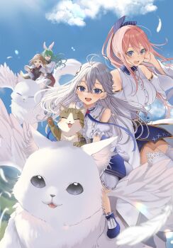 4girls :d ^_^ absurdres animal animal_ears blue_eyes blue_ribbon blue_shoes blue_skirt blue_sky blurry blurry_background blush breasts brown_eyes brown_hair capelet cat center_frills closed_eyes cloud collared_shirt commentary_request day depth_of_field diagonal-striped_ribbon dress_shirt feathers flying frills green_hair grey_hair hair_between_eyes hair_ribbon hamu_(plot_sy) highres long_hair medium_breasts multiple_girls open_mouth original outdoors pink_hair puffy_short_sleeves puffy_sleeves purple_eyes purple_shirt rabbit_ears red_skirt ribbon shirt shoes short_sleeves skirt sky sleeveless sleeveless_shirt small_sweatdrop smile socks sweat very_long_hair white_capelet white_cat white_feathers white_shirt white_socks winged_animal