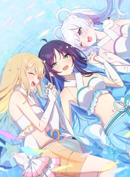 3girls absurdres animal animal_on_shoulder beads bike_shorts black_hair blonde_hair blue_hair blue_nails cho_kaguya-hime! commentary_request eyeliner fish fushi_(cho_kaguya-hime!) green_eyes hair_beads hair_ornament hair_rings highres holding_hands interlocked_fingers kaguya_(cho_kaguya-hime!) kirizuki_reika long_hair lying makeup midriff multiple_girls navel on_back on_side one_eye_closed partially_submerged pink_hair purple_nails runami_yachiyo sakayori_iroha see-through_clothes see-through_skirt shorts skirt sparkle textless_cover_page textless_version twintails white_hair white_shorts yellow_nails yuri