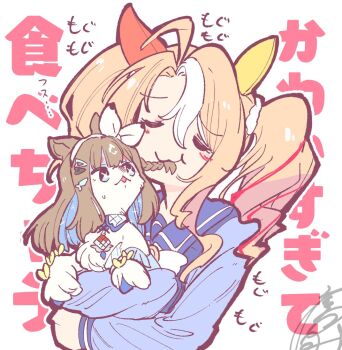 1girl ahoge almond_eye_(umamusume) animal_ears animalization biting_another&#039;s_hair blonde_hair brown_hair closed_eyes commentary_request ear_covers fusaichi_pandora_(umamusume) hair_ornament horse_ears horse_girl hug long_hair long_sleeves multicolored_hair school_uniform sweatdrop takatsuki_nato tracen_school_uniform translation_request umamusume