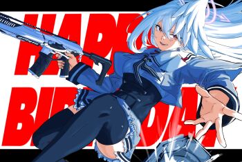 1girl black_corset blue_archive breasts commentary_request corset cropped_jacket dutch_angle feet_out_of_frame flashback floating gun hair_between_eyes halo happy_birthday head_wings highres letterboxed long_hair long_sleeves mattun_8230 miniskirt mole mole_under_eye neckerchief outside_border red_eyes rifle school_uniform sig_mcx single_head_wing skirt solo suzumi_(blue_archive) thighhighs throwing weapon white_hair wings zettai_ryouiki