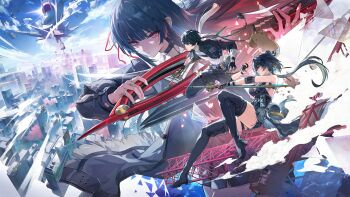 1boy 2girls bad_link black_boots black_bow black_choker black_dress black_hair black_jacket black_pants black_shorts blue_sky boots bow breasts capybara chisa_(wuthering_waves) choker city closed_mouth copyright_notice day dress dual_persona elbow_pads female_rover_(wuthering_waves) grey_shirt hair_bow hair_ribbon highres holding holding_sword holding_weapon jacket long_hair long_sleeves looking_at_viewer low_ponytail male_rover_(wuthering_waves) medium_breasts multiple_girls namipon_(wuthering_waves) official_art outdoors pangu_terminal_(wuthering_waves) pants ponytail promotional_art red_eyes red_ribbon ribbon rover_(wuthering_waves) shirt shorts sky sword thigh_boots thighs third-party_source weapon wuthering_waves yellow_ribbon