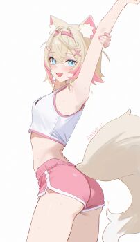 Rule 34 | 1girl, :d, absurdres, animal ear fluff, animal ears, anska, arched back, arm up, armpits, ass, blonde hair, blue eyes, blush, breasts, cowboy shot, crop top, dog ears, dog girl, dog tail, dolphin shorts, fang, hair ornament, hairband, hand on own arm, highres, hololive, hololive english, midriff, mococo abyssgard, multicolored hair, open mouth, pink hair, pink hairband, pink shorts, pink trim, revision, short hair, short shorts, shorts, simple background, small breasts, smile, solo, streaked hair, stretching, sweat, tail, tank top, thighs, two-tone hair, virtual youtuber, white background, white tank top, white trim, x hair ornament