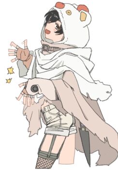 1girl animal_hood black_hair button_eyes buttons capelet commentary_request cowboy_shot final_fantasy final_fantasy_vii final_fantasy_vii_remake fingerless_gloves gloves grey_shorts headband highres hood hooded_capelet moogle nametake official_alternate_costume open_mouth short_hair shorts single_arm_guard single_fishnet_legwear smile solo waving white_background white_capelet yuffie_kisaragi_(moogle_hat_&amp;_cape)