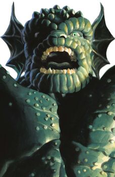 1boy abomination_(marvel) absurdres alex_ross aqua_eyes aqua_skin character_request check_character colored_skin colored_tongue comic_cover cover cover_page fangs fins green_tongue head_fins highres looking_at_viewer looking_down male_focus marvel monster_boy muscular muscular_male official_art one_eye_in_shadow open_mouth solo spikes topless_male upper_body warts western_comics_(style) white_background