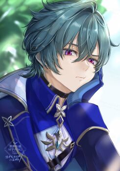 Rule 34 | 1boy, ahoge, artist name, black choker, blue coat, blue gloves, blue hair, blue shirt, blurry, blurry background, choker, closed mouth, coat, collared shirt, commentary request, crossed bangs, dated, day, frown, genshin impact, gloves, gold trim, hair between eyes, hair intakes, hand on own cheek, hand on own face, hand up, head rest, highres, lapels, lohen (genshin impact), long sleeves, looking at viewer, male focus, mole, mole under eye, multicolored eyes, multicolored gloves, nekokoko, open clothes, open coat, outdoors, purple eyes, red eyes, shirt, short hair, sleeve cuffs, solo, tree, two-tone gloves, upper body, watermark, white shirt, wing collar