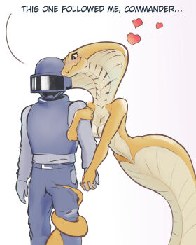 1girl 1other absurdres ambiguous_gender arm_hug arms_at_sides belt black_eyes blush breasts closed_mouth collarbone colored_sclera colored_skin english_text furry furry_female gloves grey_gloves grey_helmet grey_pants grey_shirt grey_vest hand_up happy heart helmet highres holding_hands interlocked_fingers lamia leaning_on_person live_hood long_sleeves looking_at_another medium_breasts monster_girl multicolored_skin noconcession nose_blush pants pocket reptile_girl shirt simple_background smile tail tail_around_another&#039;s_leg tail_wrap talking two-tone_skin vest viper_(xcom_2) wavy_mouth white_background white_skin x-com xcom_2 yellow_sclera yellow_skin