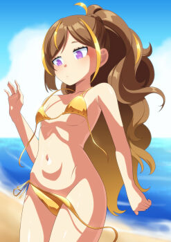 1girl anya_melfissa beach bikini blonde_hair blush brown_hair gold_bikini highres hololive hololive_indonesia iroproject71 long_hair multicolored_hair navel ocean purple_eyes side-tie_bikini_bottom solo streaked_hair swimsuit untied_bikini_top virtual_youtuber wardrobe_malfunction
