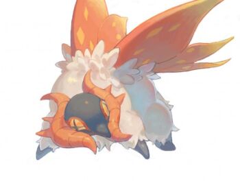 commentary full_body insect_wings looking_to_the_side muginoomoti nintendo no_humans orange_wings pokemon pokemon_(creature) pokemon_focus simple_background slither_wing symbol-only_commentary white_background white_fur wings yellow_eyes