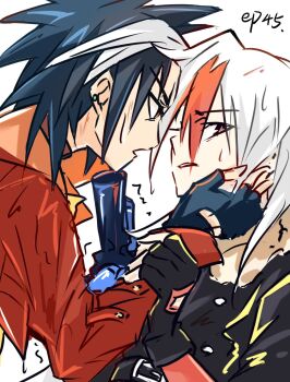 2boys arasaki_kyousuke bakukyuu_hit!_crash_b-daman blue_hair chinese_commentary fingerless_gloves gloves gun hand_on_another&#039;s_face highres holding holding_gun holding_weapon kuraki_kodou multiple_boys official_alternate_hairstyle tagme toy_linker weapon wet wet_hair white_hair yaoi