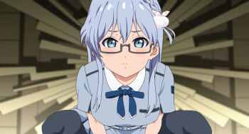 1girl 22/7 animated animated_gif bad_id bad_nijie_id belt black-framed_eyewear black_pantyhose blue_belt blue_bow blue_bowtie blue_dress blue_eyes blue_hair blush boku_wa_sonzai_shiteinakatta bouncing_breasts bow bowtie braid breasts closed_mouth dress glasses hair_bow implied_sex indoors light_blue_hair long_hair looking_at_viewer maruyama_akane pantyhose rectangular_eyewear semi-rimless_eyewear short_sleeves single_braid solo sweatdrop under-rim_eyewear yokkoisho_(evtd8734)