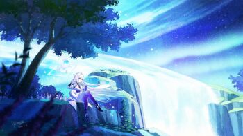 1girl blue_gloves blue_thighhighs closed_mouth commentary_request crossed_legs dated day elbow_gloves genshin_impact gloves guitar holding holding_guitar holding_instrument instrument kaminaga_mutsumi long_hair music outdoors playing_instrument signature sitting skirk_(genshin_impact) solo thighhighs tree very_long_hair water waterfall white_hair