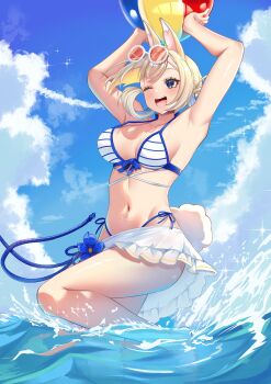 1girl absurdres alternate_breast_size_(larger) animal_ears armpits ass ball beachball bikini blonde_hair blue_bikini blue_eyes breasts byte-artist cleavage highres indie_virtual_youtuber medium_breasts one_eye_closed open_mouth panties rabbit_ears rabbit_girl rabbit_tail striped_clothes striped_panties sunglasses swimsuit tail thighs underwear virtual_youtuber water white_bikini yenko_(vtuber)
