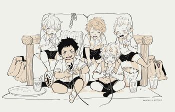 5boys ano_amesuke bag commentary_request controller couch cup final_fantasy final_fantasy_xiv food game_controller greyscale holding holding_controller holding_food holding_game_controller indian_style kneeling lalafell male_focus monochrome multiple_boys necktie open_mouth pillow pointy_ears sepia shorts sitting smile socks tray unworn_necktie warrior_of_light_(ff14)