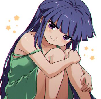 1girl blue_hair blunt_bangs chromatic_aberration closed_mouth collarbone dress furude_rika green_dress head_tilt highres higurashi_no_naku_koro_ni hugging_own_legs light_blush long_hair looking_at_viewer purple_eyes purple_hair s_a_i_3_1 single_off_shoulder sitting smile solo white_background
