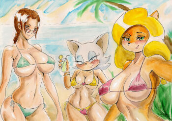 3girls absurdres beach bikini blonde_hair blue_eyes braid breasts brown_hair cleavage crash_bandicoot_(series) crossover drink green_bikini green_eyes hand_on_own_hip highres lara_croft large_breasts legs long_hair looking_at_viewer multiple_girls navel ocean pink_bikini rouge_the_bat sega smile sonic_(series) sunglasses swimsuit tawna_bandicoot thighs tomb_raider toned traditional_media underboob water yellow_bikini