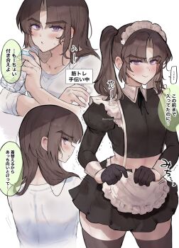 ... 1boy absurdres alternate_costume ayase_ayato_(imamiya_pinoko) black_gloves black_thighhighs blush bottle brown_hair collarbone commentary_request crossdressing crossdressing_(mtf) enmaided gloves highres holding holding_bottle imamiya_pinoko long_hair long_sleeves looking_at_viewer maid maid_headdress male_focus original parted_bangs parted_lips purple_eyes shirt short_hair short_twintails simple_background solo speech_bubble spoken_ellipsis sweatdrop thick_eyebrows thighhighs translation_request trap twintails twitter_username water_bottle white_background white_shirt
