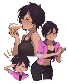 absurdres black_hair black_pants blush blush_stickers chibi cream dispatch dripping eyelashes fellatio food highres invisigal jacket kitski licking_lips midriff navel oral pants pastry pink_jacket rubbing_hands_together salute sexually_suggestive short_hair simulated_fellatio tank_top tomboy tongue tongue_out white_background