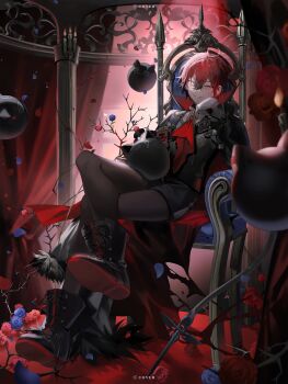 Rule 34 | 1boy, absurdres, ascot, bishounen, black coat, black pantyhose, black shorts, boots, cape, chair, closed mouth, coat, full body, gloves, highres, holostars, holostars english, looking at viewer, machina x flayon, machiroon (machina x flayon), male focus, on chair, pantyhose, red ascot, red hair, shokuen (oxstl), short hair, shorts, sitting, smile, solo, virtual youtuber, white gloves