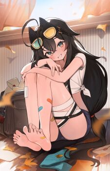 1girl absurdres ahoge bandaid bandaid_on_leg bare_arms barefoot black_hair black_shorts blue_eyes crop_top feet goggles goggles_on_head grin highres knees_up long_hair looking_at_viewer low-tied_long_hair midriff mole mole_under_eye seorang shirt short_shorts short_sleeves shorts side-tie_shirt sitting smile soles solo stella_sora teresa_(stella_sora) thigh_strap thighs toes very_long_hair white_shirt
