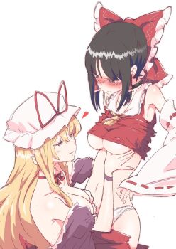 2girls ascot bad_id bad_pixiv_id blush blush_stickers bow breasts brown_hair choker cleavage clothes_pull collarbone covered_erect_nipples detached_sleeves dress dress_slip grabbing_another's_breast groping hair_bow hair_ribbon hair_tubes hakurei_reimu half-closed_eyes hat hat_bow heart highres long_hair looking_at_another medium_breasts mob_cap multiple_girls navel non_(z-art) nontraditional_miko panties purple_dress red_ribbon red_vest ribbon shirt_pull short_hair sidelocks skirt skirt_pull smile spoken_heart sweat touhou underboob underwear vest white_background white_panties wide_sleeves wristband yakumo_yukari yellow_ascot yuri