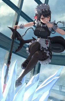 1girl attack black_dress black_hair black_pantyhose black_shoes breasts candy commentary dress ellen_joe fins fish_tail food food_in_mouth frilled_dress frills highres holding holding_candy holding_food holding_lollipop holding_polearm holding_weapon ice jumping large_breasts lollipop lollipop_in_mouth looking_at_viewer maid maid_headdress mole mole_under_eye pantyhose polearm red_eyes scar scar_on_tail shark_girl shark_tail shoes short_hair solo tail thomas_nguyen weapon zenless_zone_zero
