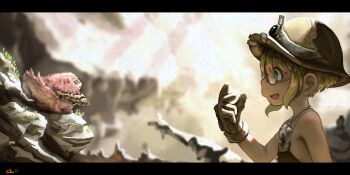 1girl :d backless_outfit blonde_hair blurry blurry_background brown_gloves brown_hat cielvolt commentary day english_commentary from_side glasses gloves green_eyes hand_up hat headlamp helmet highres jewelry letterboxed light_beam looking_at_another made_in_abyss meinya_(made_in_abyss) on_rock open_mouth outdoors pendant profile riko_(made_in_abyss) rock semi-rimless_eyewear short_hair sideways_mouth signature smile solo under-rim_eyewear upper_body whistle whistle_around_neck