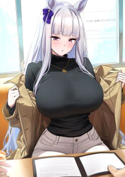 1girl 1other :o alternate_breast_size_(larger) alternate_costume animal_ears black_sweater blue_bow blunt_bangs blush bow breasts brown_coat coat commentary_request couch ear_bow ear_ornament gold_necklace gold_ship_(umamusume) grey_hair hair_down herohero_(higashi_no_dou) highres horse_ears horse_girl horse_tail huge_breasts jewelry long_hair long_sleeves looking_down necklace on_couch open_clothes open_coat open_mouth opened_by_self pants paper pov pov_hands purple_eyes sitting sweater tail tight_clothes turtleneck turtleneck_sweater umamusume white_pants