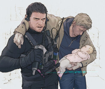1girl 2boys arm_around_shoulder artist_name baby bandaged_hand bandages beard black_gloves black_pants black_shirt blonde_hair blue_hoodie blue_pants brown_hair carrying carrying_baby carrying_person chris_redfield closed_mouth commentary cowboy_shot ethan_winters eye_contact facial_hair father_and_daughter gloves grey_eyes gun hashtag-only_commentary headset holding holstered hood hood_down hoodie jacket looking_ahead looking_at_another male_focus multiple_boys open_clothes open_jacket pants resident_evil resident_evil_village rosemary_winters sardine_(kjr0313) shirt short_hair tactical_clothes turtleneck walkie-talkie weapon yellow_jacket