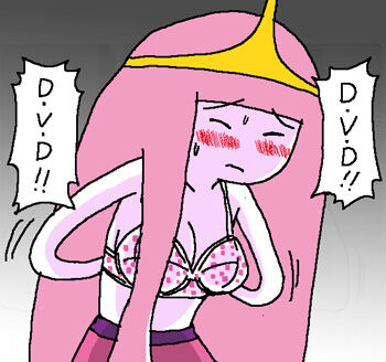 1girl adventure_time blush bra breasts cartoon_network cleavage closed_eyes embarrassed gradient_background grey_background long_hair medium_breasts pink_bra pink_hair pink_skirt polka_dot polka_dot_bra princess princess_bonnibel_bubblegum removing_bra skirt speech_bubble standing sukaponta sweat tiara underwear undressing upper_body