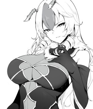 1girl antennae arthropod_girl bee_girl breasts curly_hair dress elbow_gloves gloves hair_between_eyes highres huge_breasts insect_girl long_hair looking_at_viewer monochrome multicolored_hair see-through_cleavage see-through_clothes solo upper_body vesparose white_background yuuge_ningen z/x