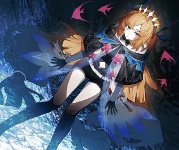 Rule 34 | 1girl, arknights, black bow, black bowtie, black capelet, black gloves, black pants, black ribbon, bochishiraita, bow, bowtie, capelet, closed mouth, e.g.o (project moon), fish, freckles, gloves, green eyes, hair ribbon, hairband, highres, ishmael (project moon), limbus company, long hair, looking at viewer, low-tied long hair, orange hair, pants, project moon, ribbon, rope, sidelocks, solo, tiara, tidal elegy (e.g.o), very long hair