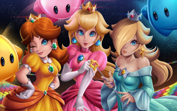 Rule 34 | 3girls, bare shoulders, blonde hair, blue eyes, brown hair, detached sleeves, dress, earrings, gloves, highres, jewelry, lipstick, luma (mario), makeup, mario (series), multiple girls, night, nintendo, one eye closed, one eye covered, princess daisy, princess peach, rainbow road, rosalina, sky, smile, sofie-spangenberg, star (sky), super mario bros. 1, super mario galaxy, super mario land