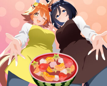 +_+ 2girls absurdres animal_ears apron blush bowl brown_apron closed_mouth clover_hair_ornament commentary_request cowboy_shot daruma_doll eishin_flash_(umamusume) flipped_hair food four-leaf_clover_hair_ornament fruit hair_ornament highres horse_ears horse_girl horse_tail long_sleeves matikanefukukitaru_(umamusume) multiple_girls one_eye_closed open_mouth orange_eyes orange_hair pants presenting r1on_22 short_hair smile tail umamusume w watermelon yellow_apron