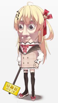 1other absurdres ahoge ai-generated_art_(topic) blonde_hair bongk bow brown_dress brown_eyes brown_thighhighs buttons closed_mouth commentary cosplay double-breasted double-parted_bangs dress fortissimo hair_bow hair_ornament hand_on_own_hip hashtag-only_commentary highres hololive hololive_dev_is italian_brainrot_ai_animals_(meme) looking_ahead meme musical_note musical_note_hair_ornament one_side_up otonose_kanade otonose_kanade_(1st_costume) otonose_kanade_(cosplay) red_bow shirt shoes simple_background standing thigh_strap thighhighs translation_request tung_tung_tung_sahur white_background white_shirt white_shoes