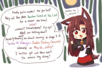 1girl :d animal_ear_fluff animal_ears bamboo black_dress brooch brown_hair dress english_text fang imaizumi_kagerou indoors jewelry long_hair long_sleeves looking_at_viewer multicolored_dress open_mouth red_dress red_eyes smile solo speech_bubble tail touhou very_long_hair white_dress wide_sleeves wolf_ears wolf_girl wolf_tail wool_(miwol)