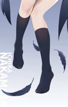 1girl absurdres black_feathers black_socks black_wings blue_archive character_name chinese_commentary commentary_request feathered_wings feathers feet foot_focus gradient_background grey_background highres ichika_(blue_archive) kneehighs legs no_shoes painterliuhao socks solo toe_seam toes wings