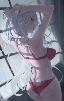 Rule 34 | 1girl, absurdres, adjusting hair, akashiya moka, ass, back, bra, breasts, commentary, commission, english commentary, from behind, gueya, highres, inner moka, large breasts, long hair, looking at viewer, looking back, open mouth, panties, red bra, red panties, rosario+vampire, solo, underwear, very long hair, white hair