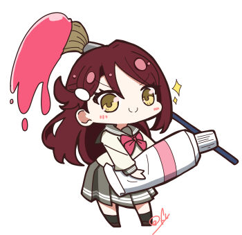 1girl absurdres birthday chibi hair_ornament half_updo highres holding_paint_tube long_hair looking_at_viewer love_live! love_live!_sunshine!! oofushi_ao oversized_object paint paint_tube paintbrush red_hair sakurauchi_riko school_uniform signature sparkle uranohoshi_school_uniform white_background yellow_eyes