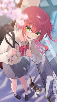 1girl absurdres blush bocchi_the_rock! cat green_eyes guitar highres instrument kita_ikuyo long_hair looking_at_viewer looking_up makasamalove petals pink_petals red_hair school_uniform skirt socks