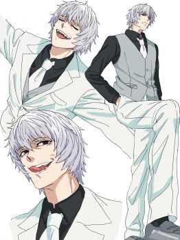 Rule 34 | 1boy, closed eyes, fangs, fate/strange fake, fate (series), hand in pocket, highres, jacket, jester karture, licking lips, male focus, multiple views, necktie, open mouth, pants, red eyes, rueisi (namezari), shirt, short hair, simple background, smile, solo focus, tongue, tongue out, vest, white background, white hair