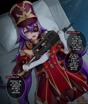 1girl actualekusu assault_rifle bare_shoulders bed bullpup chevreuse_(genshin_impact) commentary cowboy_shot detached_sleeves dress english_text eyepatch famas full_metal_jacket genshin_impact gloves gun hat highres holding holding_gun holding_weapon lying multicolored_hair on_back open_mouth pillow purple_eyes purple_hair red_dress rifle rifleman's_creed shako_cap short_dress solo speech_bubble streaked_hair weapon white_gloves white_hair