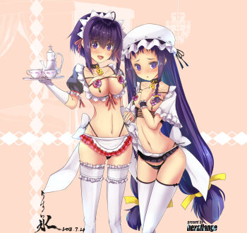 2girls apron ayase_yue bdsm black_panties blush breasts cameltoe cleavage collar commentary_request cup dated elbow_gloves frilled_legwear gloves hat highleg highleg_panties highres lock long_hair looking_at_viewer low-tied_long_hair low_twintails lowleg lowleg_skirt mahou_sensei_negima! maid_headdress medium_breasts micro_panties microskirt miyazaki_nodoka mob_cap multiple_girls narrow_waist navel padlock padlocked_collar panties pasties plaid_clothes plaid_skirt puffy_short_sleeves puffy_sleeves purple_eyes purple_hair pussy_juice revealing_clothes short_hair short_sleeves skirt slave small_breasts stomach sweatdrop tea_set teacup teapot thigh_gap thighhighs tray twintails underwear usurai very_long_hair waist_apron white_gloves white_legwear