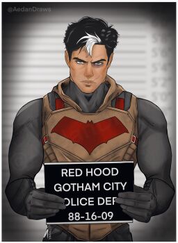 1boy aedandraws bat_signal batman_(series) batman_symbol black_bodysuit black_gloves black_hair blue_eyes bodysuit dc_comics gloves gotham_knights grey_bodysuit highres hood hooded_vest hoodie jason_todd male_focus multicolored_bodysuit multicolored_hair muscular muscular_male red_hood_(dc) scar short_hair superhero_costume taut_bodysuit two-tone_bodysuit two-tone_hair vest white_hair