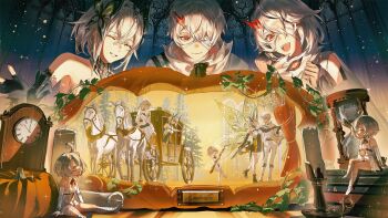 2boys 6+girls :d ^_^ ahoge bandage_over_one_eye black_gloves black_shoes breasts candle clock closed_eyes closed_mouth commentary curtains dress duet_night_abyss english_commentary fingerless_gloves gloves green_eyes hair_between_eyes hair_ornament highres holding holding_wand horse huge_ahoge kei_(keiuu) multiple_boys multiple_girls open_mouth pants phoxhunter_(duet_night_abyss) psyche_(duet_night_abyss) pumpkin red_eyes shoes sitting smile snow_(duet_night_abyss) sparkle teeth the_boy_in_the_dream_(duet_night_abyss) the_girl_in_the_dream_(duet_night_abyss) tree upper_teeth_only wand white_dress white_hair white_pants wings